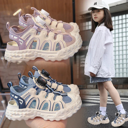 Children's Sports Sandals 3-18 Years Old Blue Hollow Breathable Boys Girls Casual Shoes Light Purple Soft Non-slip Kids Sneakers