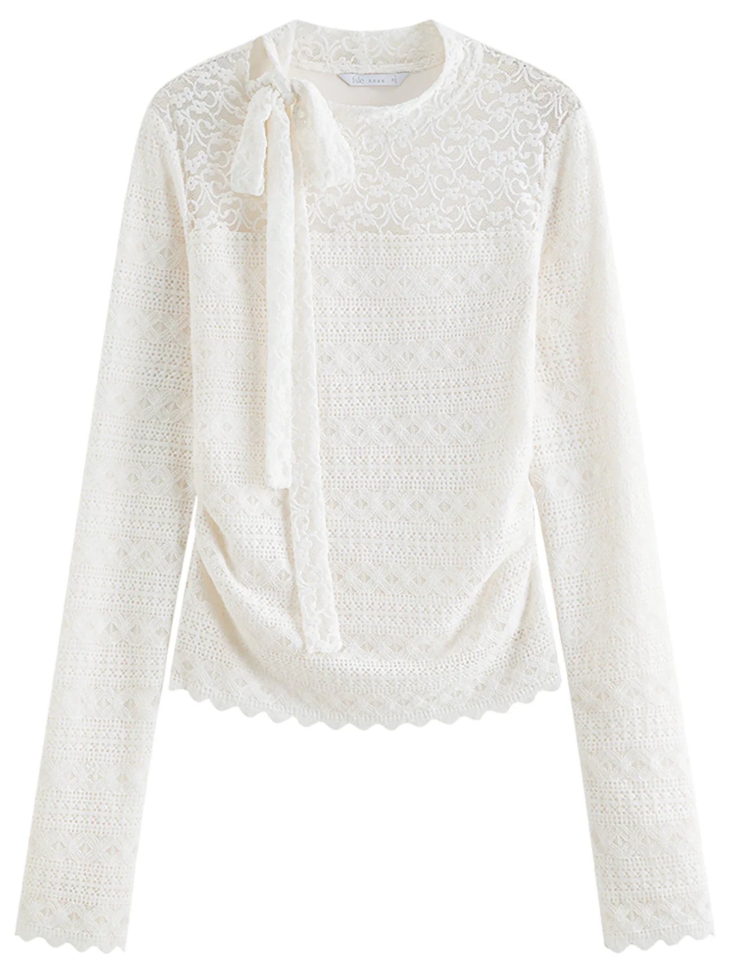 2025 Autumn Women's White Lace Crochet Knit Top Blouse Elegant Tied Front Y2K Retro Soft Pullover Sweet Off-Shoulder Shirt