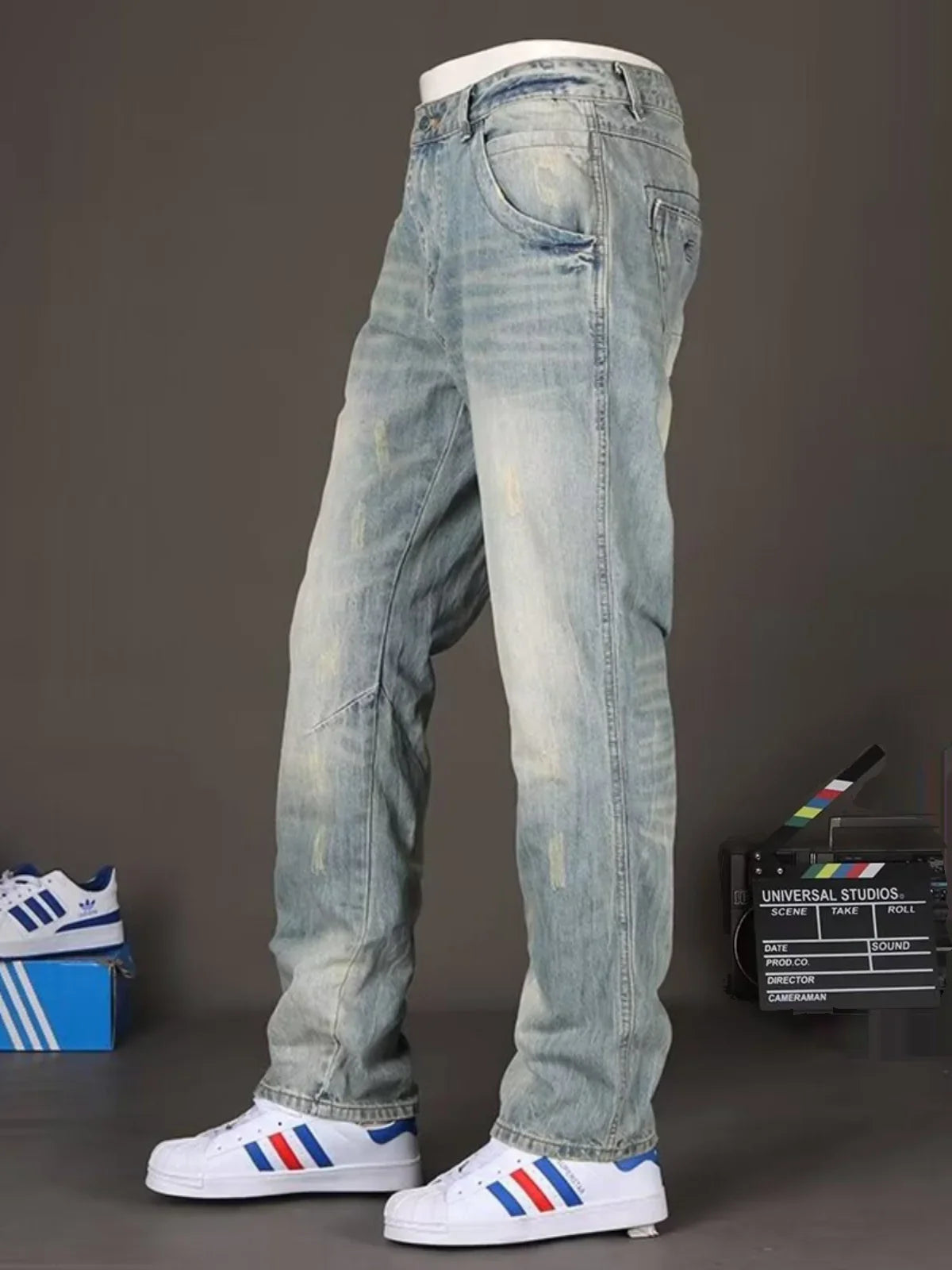Spring Autumn Trendy Vintage Washed Jeans Men's Loose Straight Leg Fashionable Youth Casual Cotton Denim Anti-Bacterial