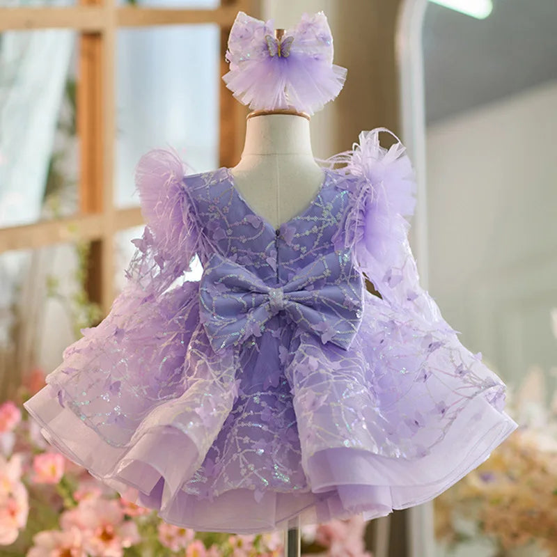 Luxury Girls' Party Dress, Long Sleeved Sequined Butterfly Mesh Dress, One Year Old Birthday Gift, Elegant Dress for Girls Aged