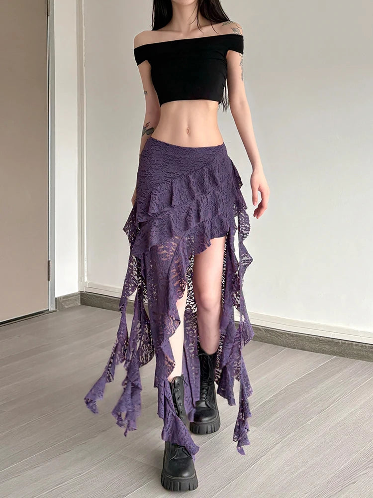 Women Tassel Skirt Irregular Hem Multi Layered Ruffles Lace Patchwork Sweet Summer Daily Wear Skinny Versatile Purple Skirt