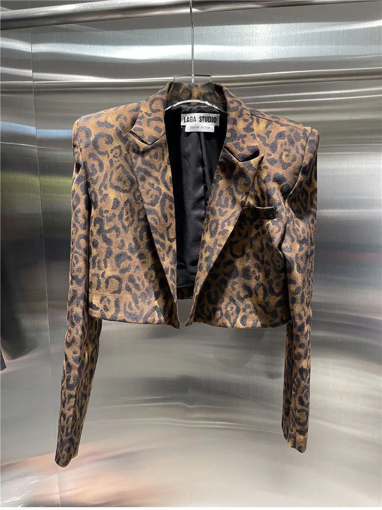 Women Jacket Korean Female Clothes Sexy Fashion Short Suit Coat Long Sleeve Blazer Tunic Leopard Print Cropped Tops Ropa Mujer