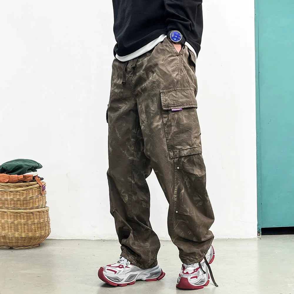 American Tactical Cargo Pants Men Premium 100% Cotton Distressed Tie Dye Straight Leg Loose Fit Multi Pocket Heavy Duty Casual