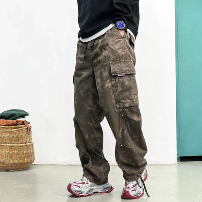 American Tactical Cargo Pants Men Premium 100% Cotton Distressed Tie Dye Straight Leg Loose Fit Multi Pocket Heavy Duty Casual