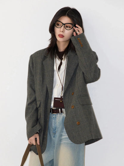 Women's Woolen Blazer Loose Retro Single Breasted Female Jacket Mid Length Plaid Coat for Woman Autumn Winter 2024