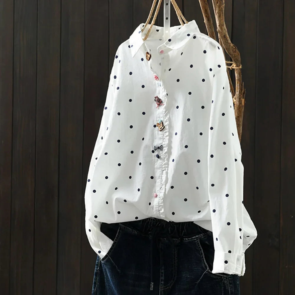 2026 Korean style clothes women spring cotton white polka dot print shirts long sleeve blouses Middle-aged women's clothing