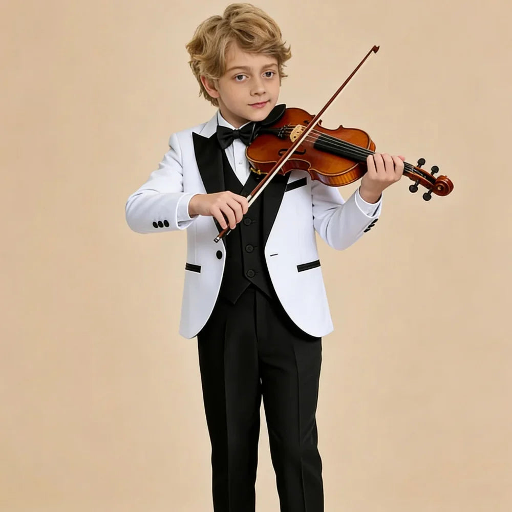 Classic White Boys Tuxedo 4 Pieces Wedding Guest Clothes Formal Peak Lapel Kids Suit Set Banquet Party Wear Chic Slim Fit Suits