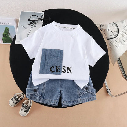 New Summer Fashion Baby Boys Clothes Suit ChildrenPocket Patch T-shirt+ Denim Shorts 2Pcs/Set Toddler Clothing Kids Tracksuits