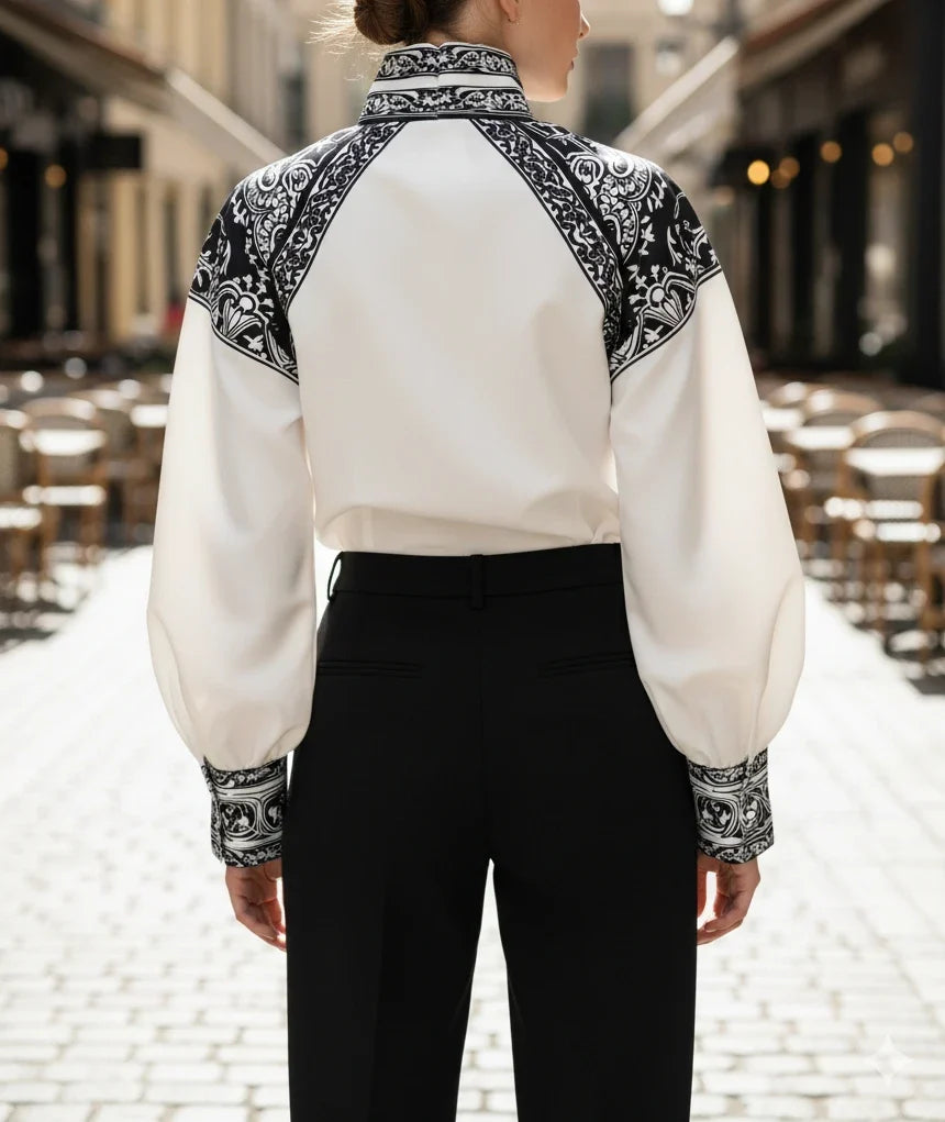 Modigirl Vintage Court Style Black and White Floral Print Blouse Women 2026 Spring Summer High Neck Puff Sleeve Elegant Shirt
