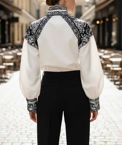 Modigirl Vintage Court Style Black and White Floral Print Blouse Women 2026 Spring Summer High Neck Puff Sleeve Elegant Shirt