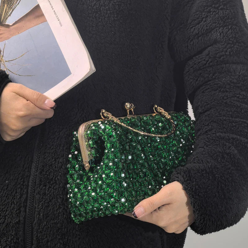 Emerald Green Handmade Beaded Clutch Bag | Vintage Gold Frame Evening Purse with Chain Strap for Party/Wedding/Cocktail