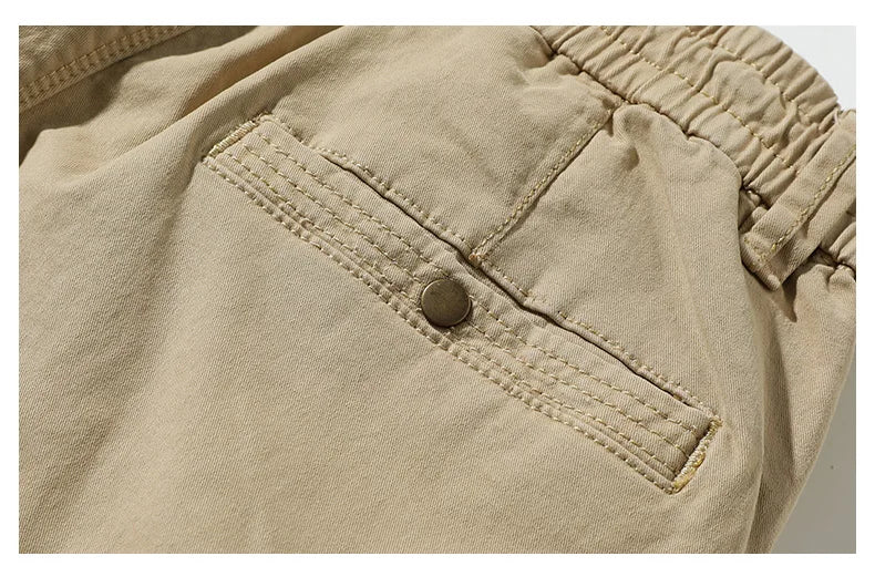 Cotton Men's Cargo Pants Elastic Waist Stretch Trouser Male Multi Pocket Casual Jogger Fit Ankle Length Zipper Purple Drawstring