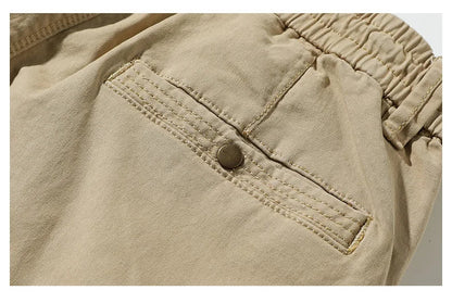 Cotton Men's Cargo Pants Elastic Waist Stretch Trouser Male Multi Pocket Casual Jogger Fit Ankle Length Zipper Purple Drawstring