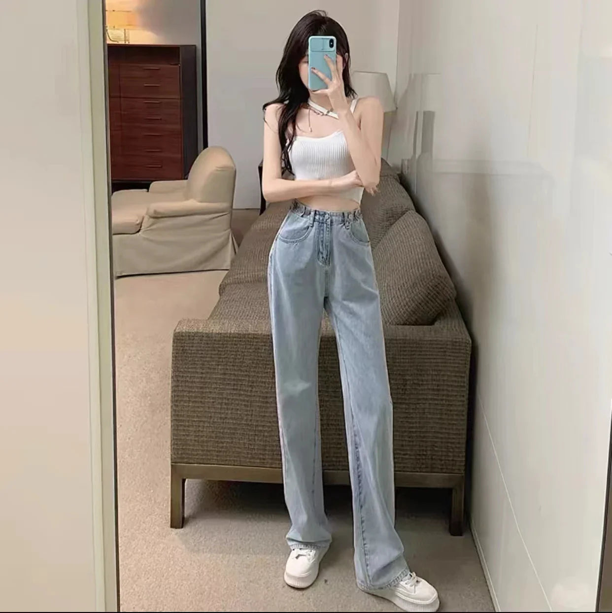 Trendy Ripped Straight Leg Jeans Women's Spring Summer High Waist Loose Wide Leg Pants Slimming Design Casual Denim Jeans
