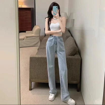 Trendy Ripped Straight Leg Jeans Women's Spring Summer High Waist Loose Wide Leg Pants Slimming Design Casual Denim Jeans