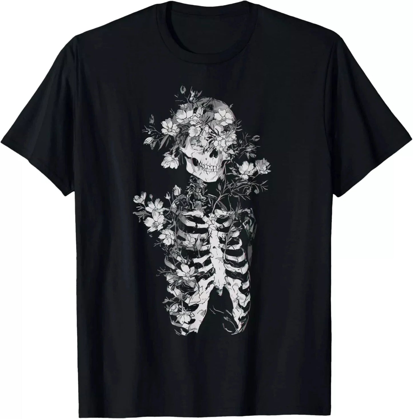 Floral Skull Flower Print T-Shirt Goth Occult Death Dark Alt Aesthetic T-Shirt Summer Casual Y2K Top Harajuku Women Clothing Y2K
