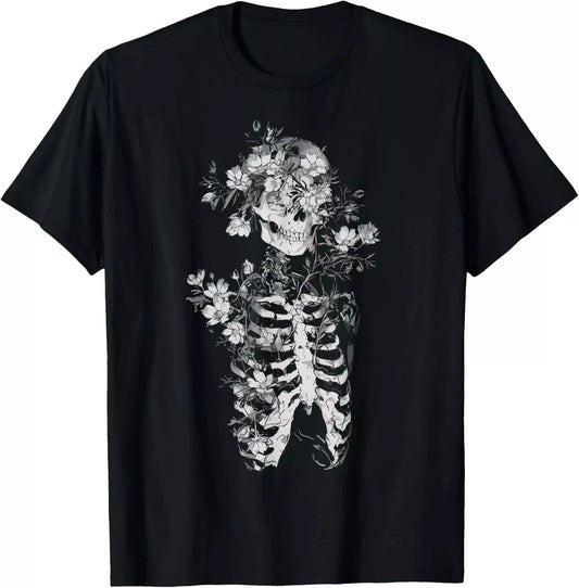 Floral Skull Flower Print T-Shirt Goth Occult Death Dark Alt Aesthetic T-Shirt Summer Casual Y2K Top Harajuku Women Clothing Y2K