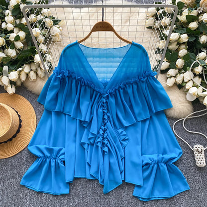 Chic Ruffles Splice Chiffon Blouse V Neck Flared Sleeve Loose Tops 2025 Fashion Solid Fairycore Vacation Women Shirt