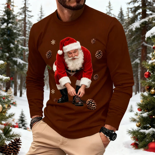 New Fun Santa Claus Design Comfortable Long-Sleeve T-Shirt Santa Claus Pattern Men's Casual Crew Neck Loose-Fit Breathable Top