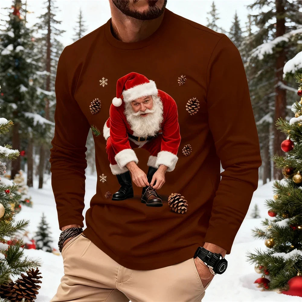 Christmas-Themed Men's Fashion Long-Sleeve T-Shirt Relaxed Fit Comfortable Crew Neck Sweatshirt Holiday Party Attire