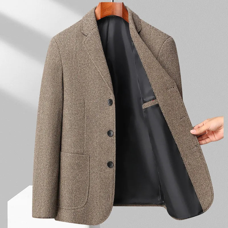 Men's Wool Blazer Herringbone Pattern Casual Business Suit Jacket Comfortable and Stylish Coat