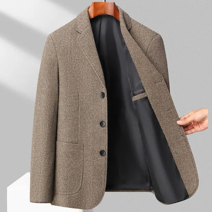 Men's Wool Blazer Herringbone Pattern Casual Business Suit Jacket Comfortable and Stylish Coat