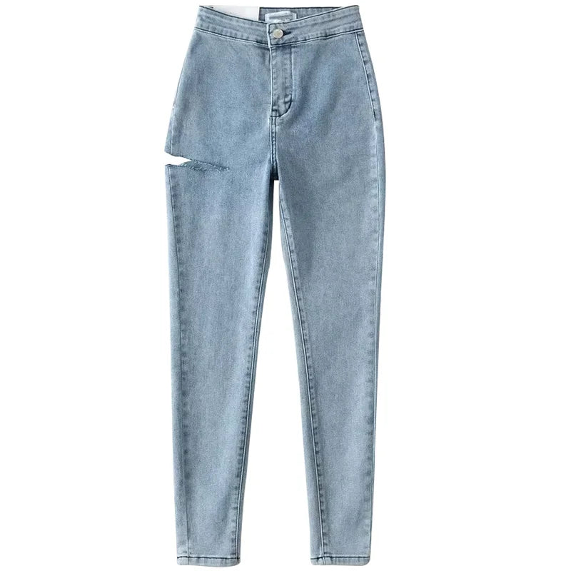 American Spicy Girls Sexy Hole Jeans Slim High Waist Elastic Feet Pencil Pants Trousers Fashion Women BOF8