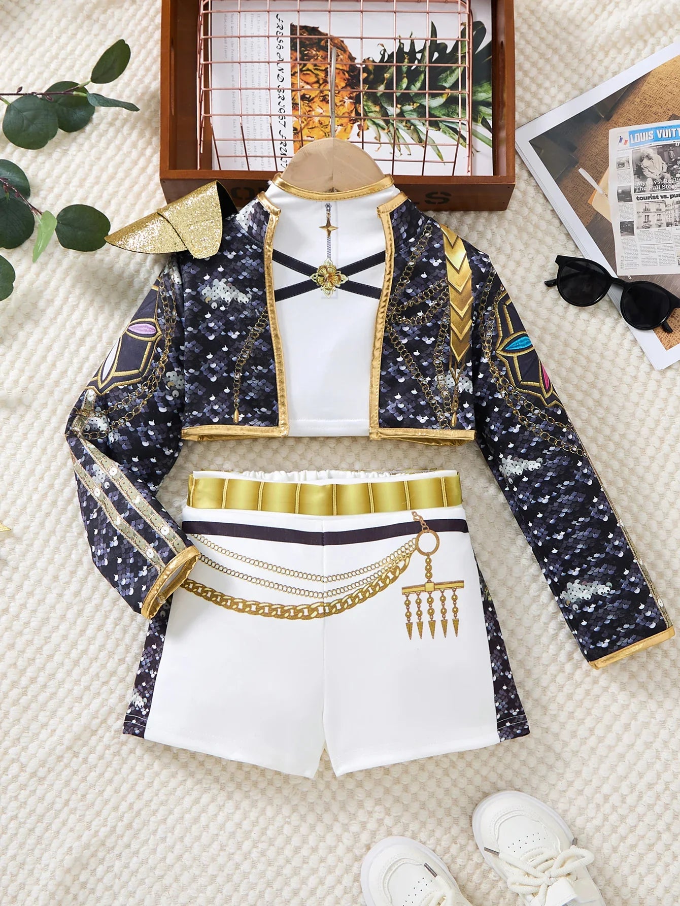 Girls' Black Phnom Penh K-POP Singing Stage Performance Costume Party sisters Group Singing Competition Cool Girl Jacket Sets