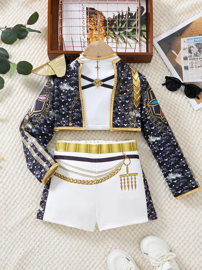 Girls' Black Phnom Penh K-POP Singing Stage Performance Costume Party sisters Group Singing Competition Cool Girl Jacket Sets