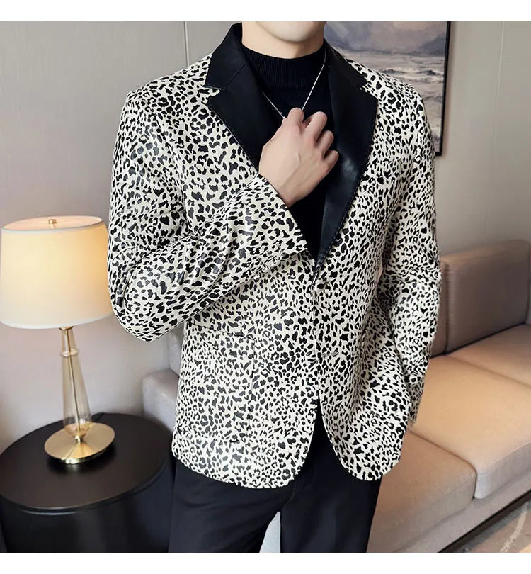 Splicing Leather Neck Casual Suit Jacket Fashion Leopard Men's Business Slim Fit Social Formal Blazers Wedding Groom Tuxedos