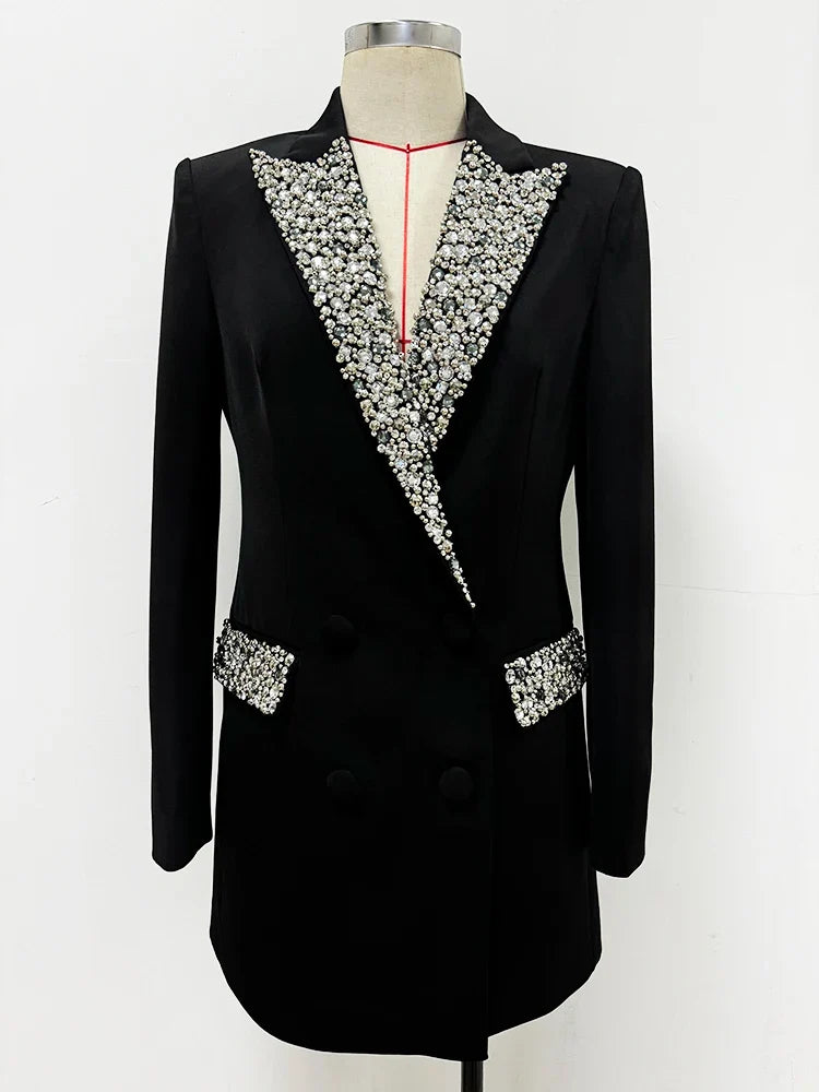 HIGH STREET Newest Fashion 2026 S/S Designer Fashion Jacket Women's Slim Fitting Luxury Rhinestone Diamonds Beaded Long Blazer