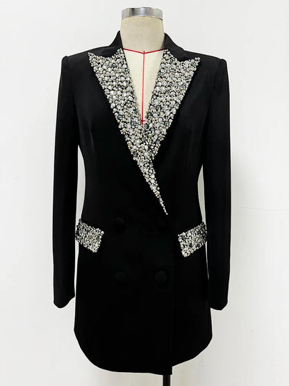 HIGH STREET Newest Fashion 2026 S/S Designer Fashion Jacket Women's Slim Fitting Luxury Rhinestone Diamonds Beaded Long Blazer