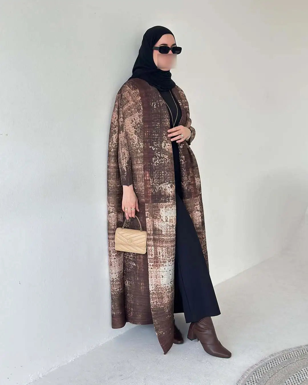 Women's Fold Miyake Pleated Abaya Long Sleeve Print Foldable Collar Robe Cardigan Coat New Winter Fashion Original Design 2026