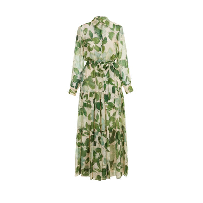 Women's Dress 2025 Spring New Long Sleeve Collar Green Flower Vacation