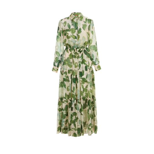 Women's Dress 2025 Spring New Long Sleeve Collar Green Flower Vacation