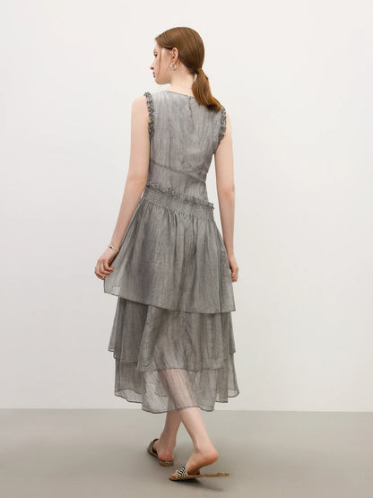 Summer 2025 Textured Pleat Dress - Fluid Asymmetric Hem Sleeveless Resort to Office Elegant Silhouette