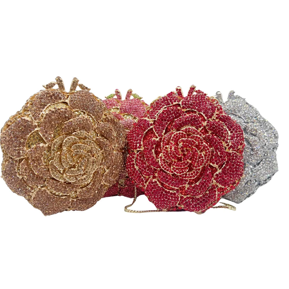 Luxury Rose Shape Diamond Rhinestone Clutch Bag Hollow Metal Banquet Wedding Handbag Women Evening Bag