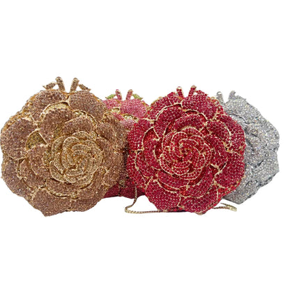 Luxury Rose Shape Diamond Rhinestone Clutch Bag Hollow Metal Banquet Wedding Handbag Women Evening Bag