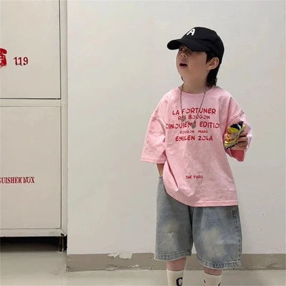 2026 New Original Design Boys' Pink Short Sleeved T-Shirt Summer Trendy Versatile Kids Half Sleeve T-Shirt