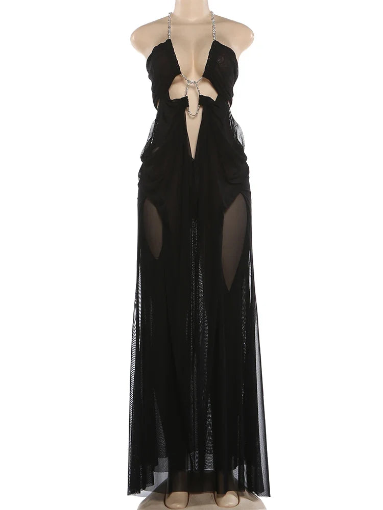 Prom Party Gown Dress Woman Sexy See Through Luxury Chain Halter Low-Neck Backless Sleeveless Midnight Elegant Vestidos