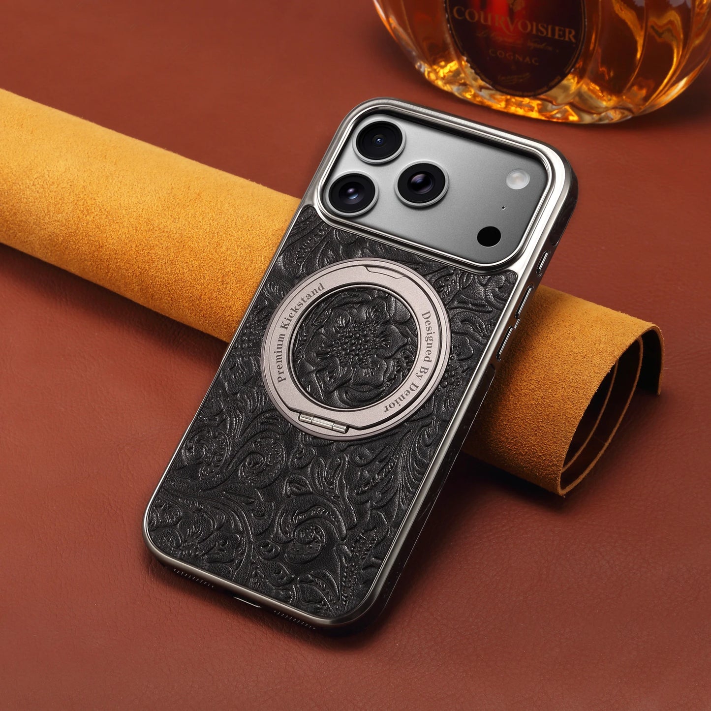 Denior is suitable for iPhone 17/16/15/14/13 Air Pro Max retro printed genuine leather 360 ° rotating bracket phone case