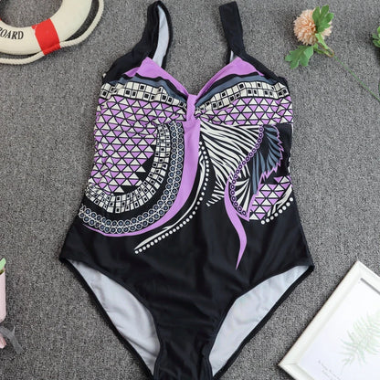 2024 Vintage One Piece Swimsuit Women Swimwear Tummy Control Monokini Sexy Bodysuit Print BathingSuit Female Beachwear Plus Size
