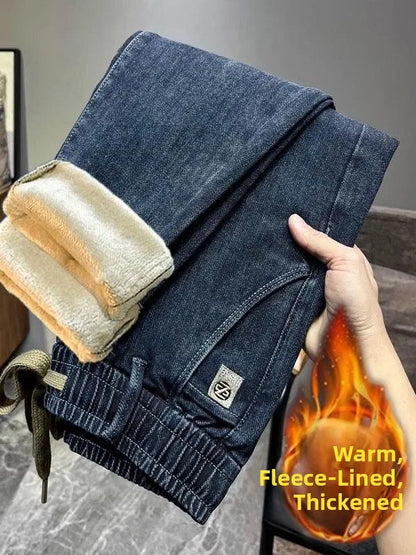 Warm Fleece Lined Elastic Waist Casual Straight Leg Men's Jeans Premium Quality Autumn Winter Thickened Stretch Denim Pants