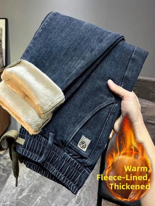 Warm Fleece Lined Elastic Waist Casual Straight Leg Men's Jeans Premium Quality Autumn Winter Thickened Stretch Denim Pants