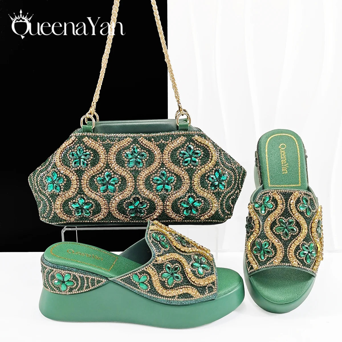 New Arrival Mature Style Platform Design Rhinestone Decoration Peep Toe Lady Shoes and Bag Set for Party Wedding