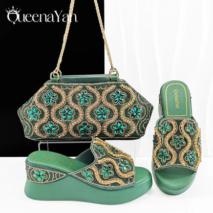 New Arrival Mature Style Platform Design Rhinestone Decoration Peep Toe Lady Shoes and Bag Set for Party Wedding
