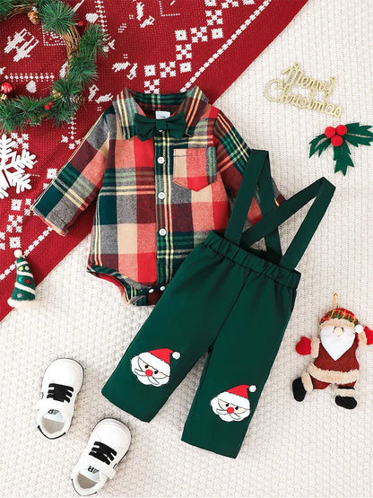3PCS，Baby Christmas set: Plaid long sleeve Jumpsuit with detachable bow tie+Santa decorative Suspenders，Casual comfort.