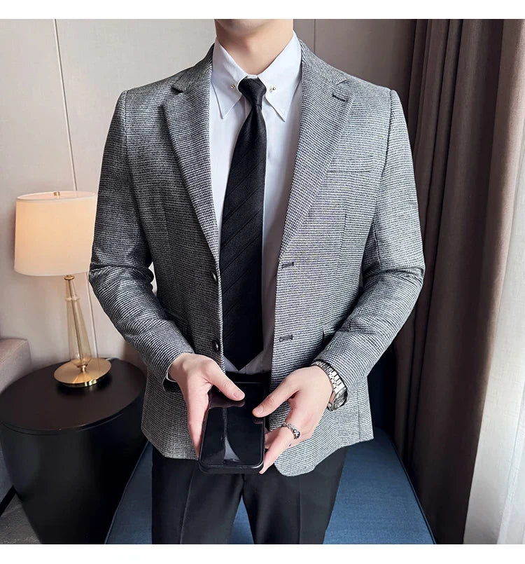 Bright Silk Thousand Bird Grid Suit Jacket Korean-style Business Fashion Slim Fit Single Breasted Men Social Party Dress Coats