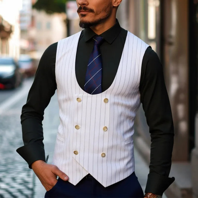 Man Suit Vest Vintage Striped Double-breasted Men Waistcoat British Style Slim Sleeveless Casual Versatile Male Vest