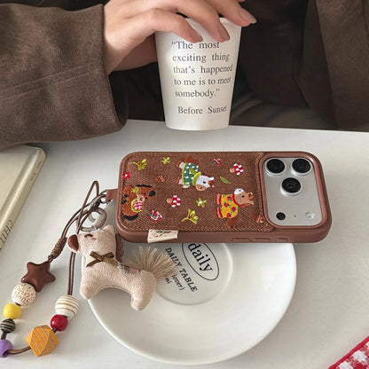 Cute Brown Embroidered Pony Mushroom With Lanyard Shockproof Protective Phone Cover Case for iPhone 17 16 15 14 Pro Max